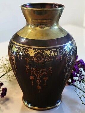 Vtg 90's Vase VECCHIA MURANO Amethyst Blown Glass 24Kt Gold Overlay Venice Italy